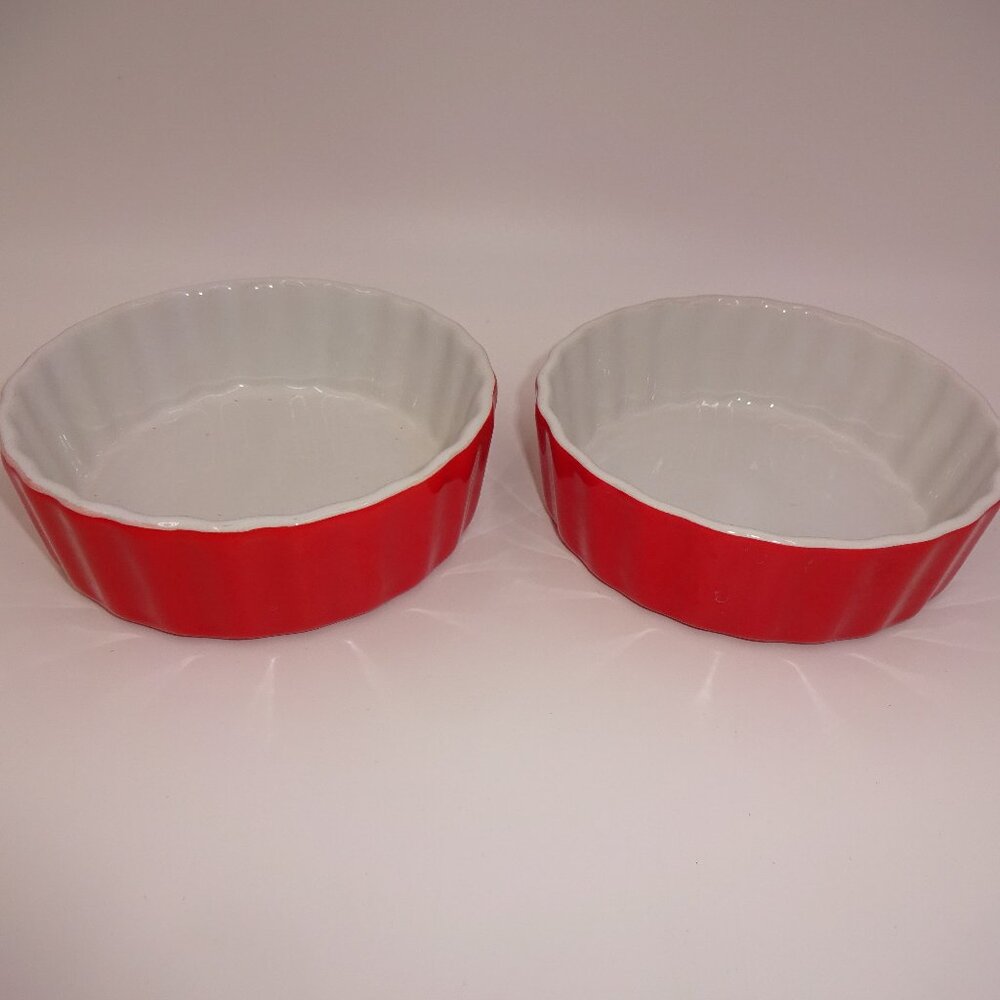 2 Round Royal Norfolk Red & White Ribbed Mini Casserole Dishes Baking Quiche
